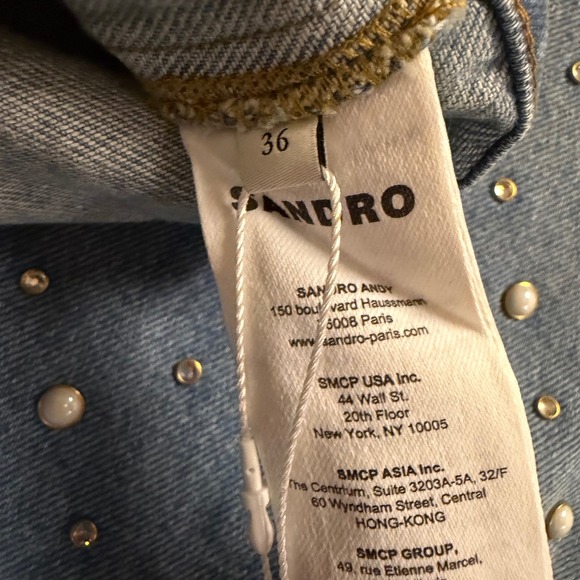 NWT Sandro Embellished Denim Jacket Pearl Crystal Studded Blue Cropped Sz 4 - Picture 9 of 14